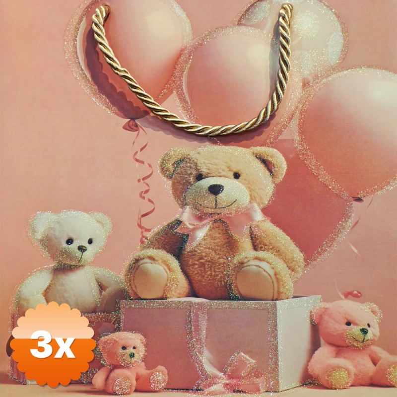 3 Adet Ayıcık Desenli Pembe Küçük Boy Karton Hediye Çantası