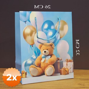 2 Adet Ayıcık Desenli Mavi Büyük Boy Karton Hediye Çantası 26x32 cm