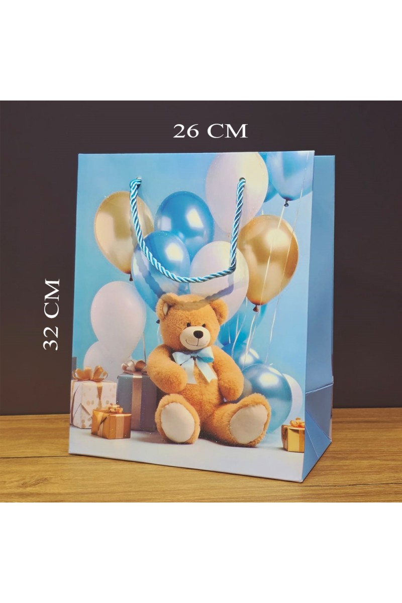 Ayıcık Desenli Mavi Büyük Boy Karton Hediye Çantası 26x32 cm