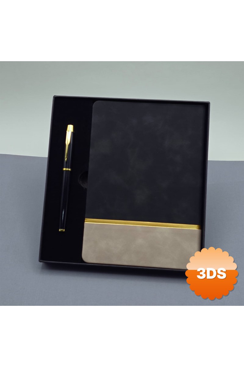 Siyah Gold Detaylı Termo Deri Defter ve Metal Roller Kalem Hediye Seti