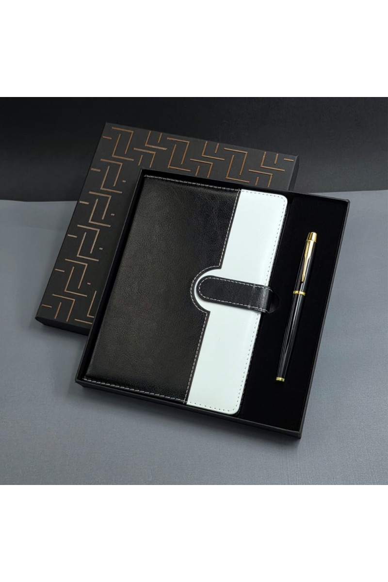 Siyah Beyaz Tarihsiz Ajanda Defter ve Metal Roller Kalem Seti