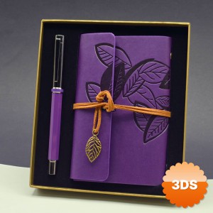 Yaprak Desenli Mor Deri Defter ve Metal Roller Kalem Seti