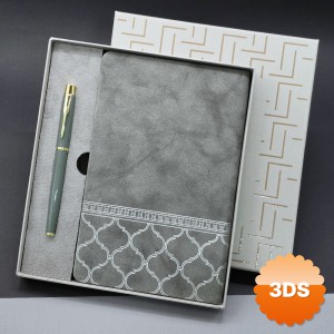 Gri Renk Defter ve Metal Roller Kalem Seti Desenli Termo Deri