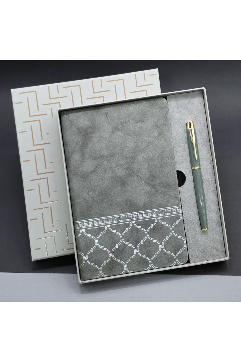 Gri Renk Defter ve Metal Roller Kalem Seti Desenli Termo Deri