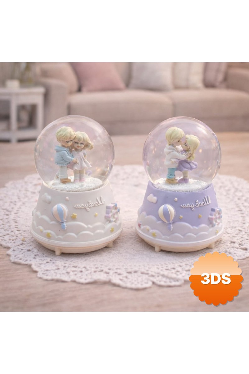 Orta Boy Işıklı Müzikli Motorlu Sevimli Çiftler Kar Küresi 13x8x8 cm