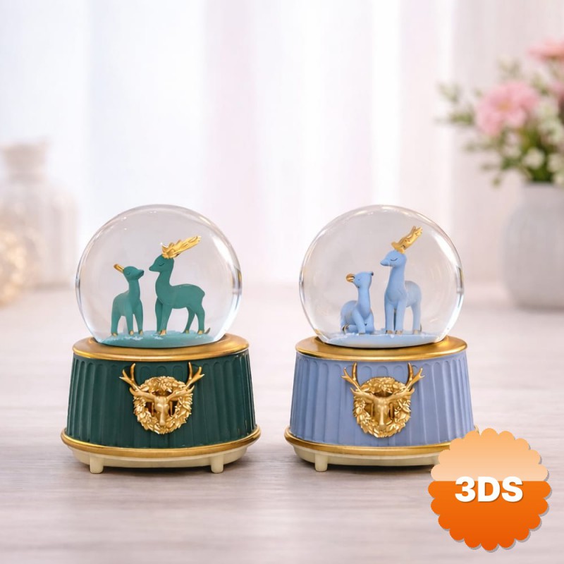 Orta Boy Geyik Figürlü Kar Küresi Müzikli ve Işıklı 13x8x8 cm