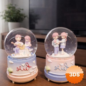 Orta Boy Romantik Çift Temalı Kar Küresi Müzikli ve Işıklı 13x8x8 cm