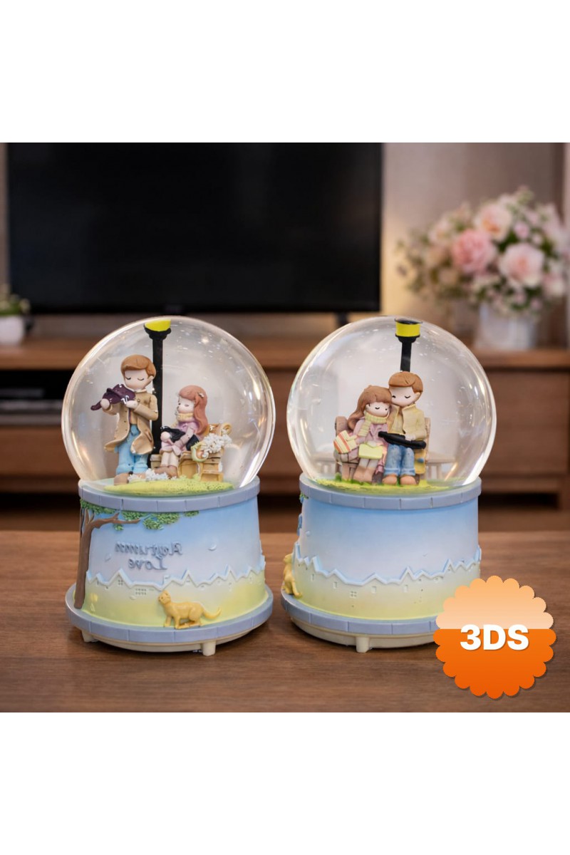 Orta Boy Bankta Oturan Sevgililer Kar Küresi Müzikli Işıklı 13x8x8 cm