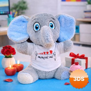Seni Seviyorum Tişörtlü Sevimli Peluş Fil 25 cm Gri Mavi Kulaklı