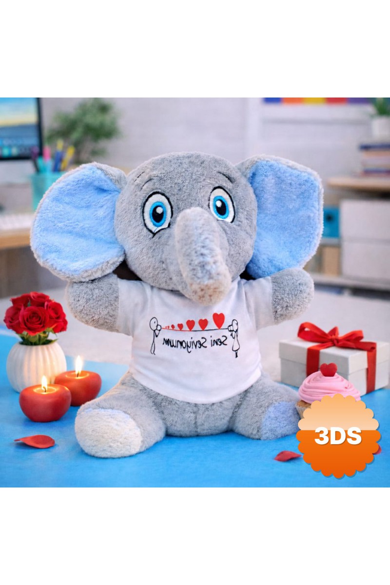 Seni Seviyorum Tişörtlü Sevimli Peluş Fil 25 cm Gri Mavi Kulaklı