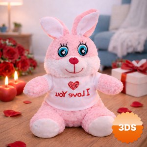 I Love You Tişörtlü Sevimli Pembe Peluş Tavşan
