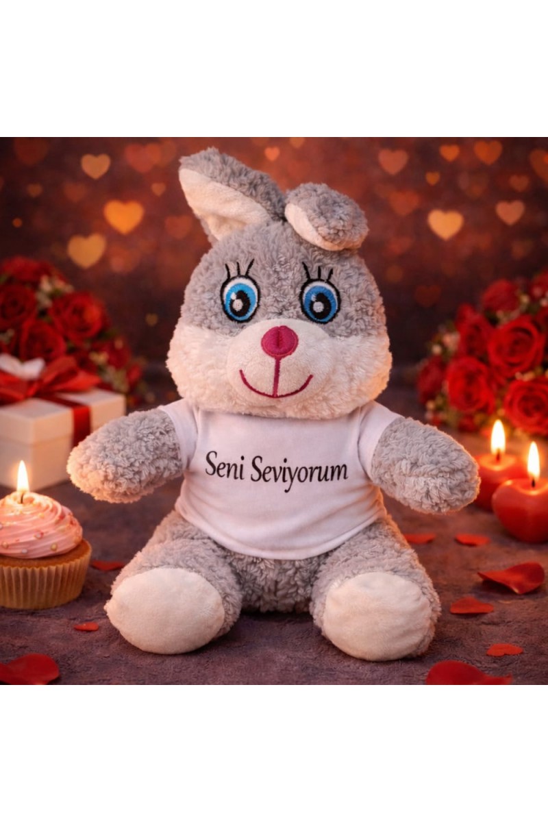 Seni Seviyorum Tişörtlü Sevimli Peluş Tavşan 25 cm Gri