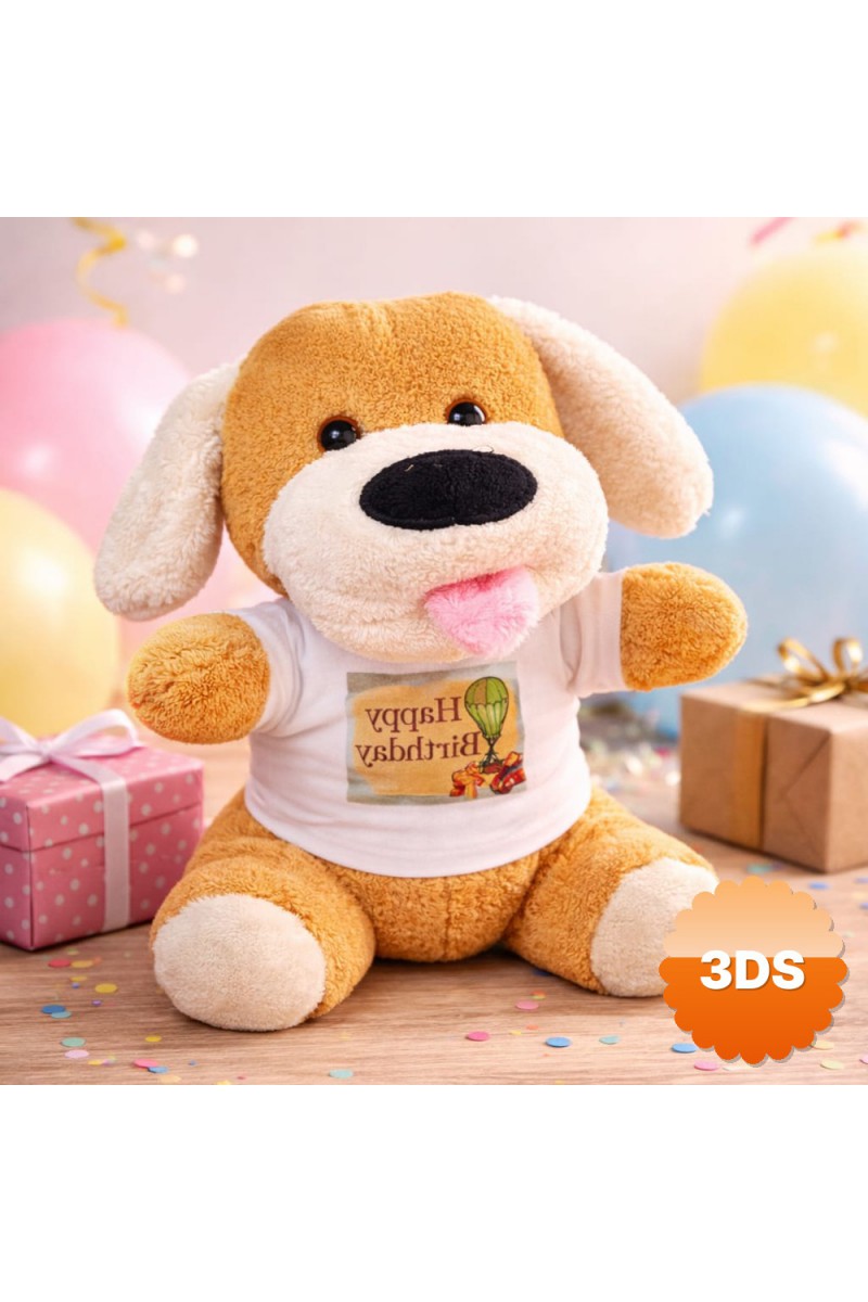 Happy Birthday Tişörtlü Peluş Köpek 25 cm Bal Köpüğü