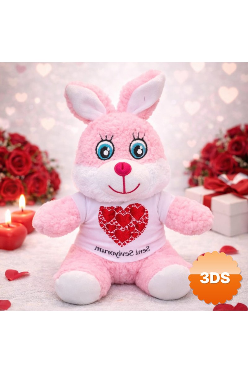 Seni Seviyorum Tişörtlü Pembe Peluş Tavşan 25 cm