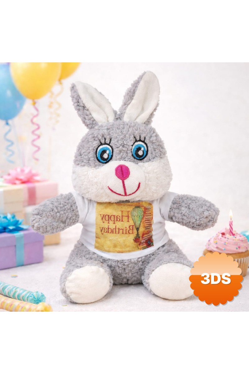 Doğum Günü Tişörtlü Sevimli Peluş Tavşan 25 cm Happy Birthday