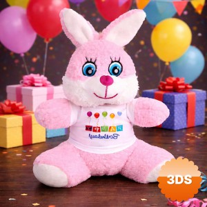 Happy Birthday Tişörtlü Sevimli Peluş Tavşan 25 cm Pembe Beyaz