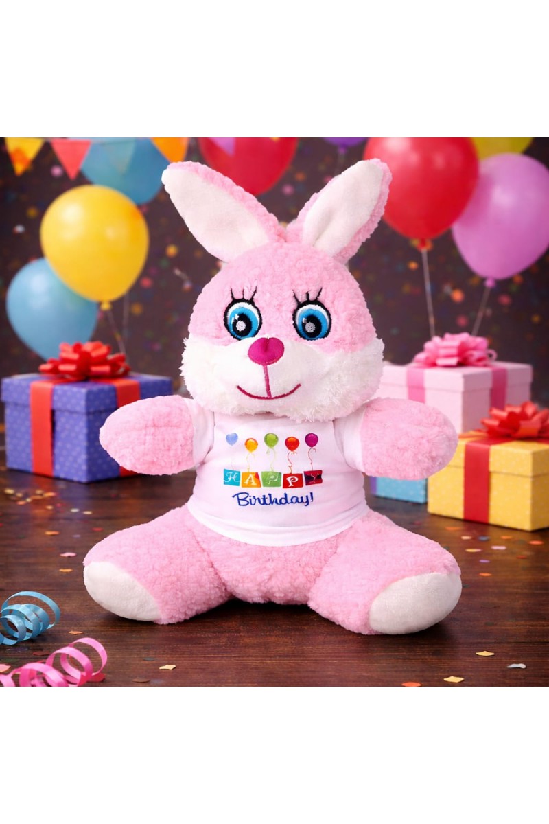 Happy Birthday Tişörtlü Sevimli Peluş Tavşan 25 cm Pembe Beyaz