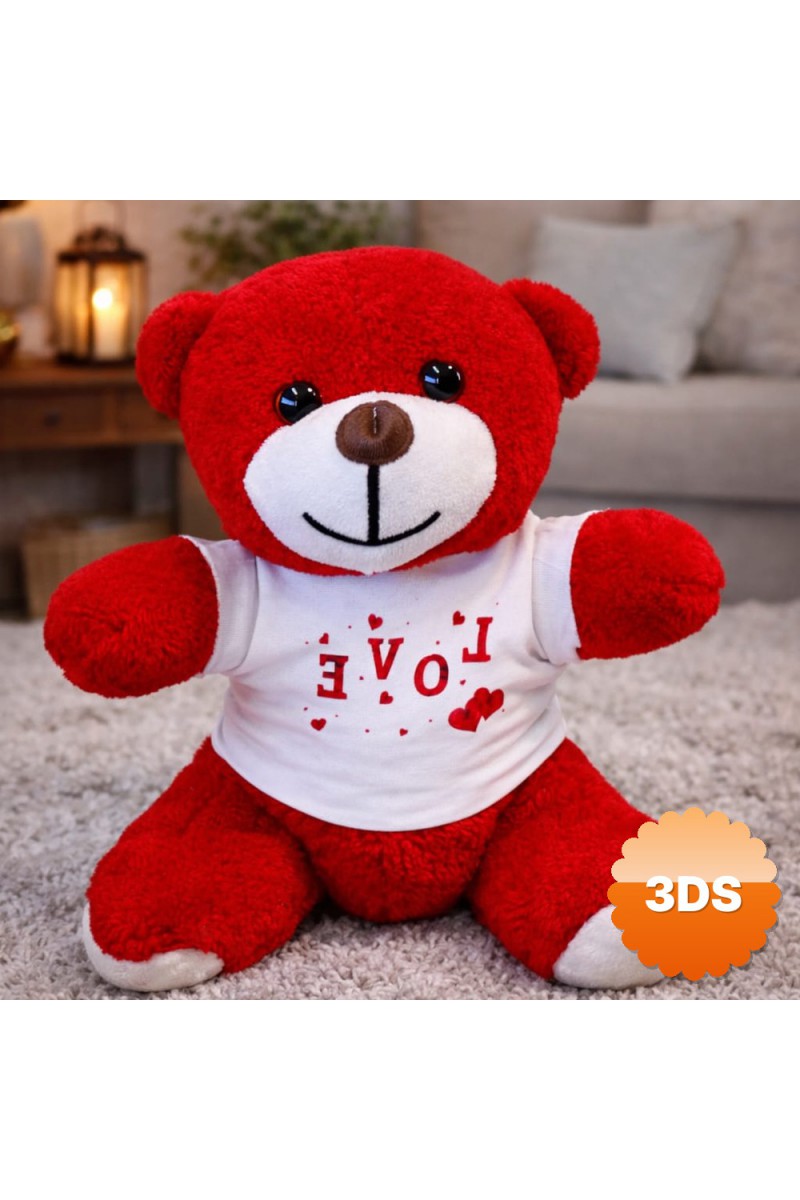 Love Baskılı Tişörtlü Kırmızı Peluş Ayıcık 25 cm