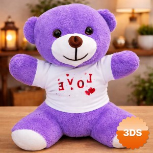 Love Baskılı Tişörtlü Peluş Mor Ayıcık 25 cm