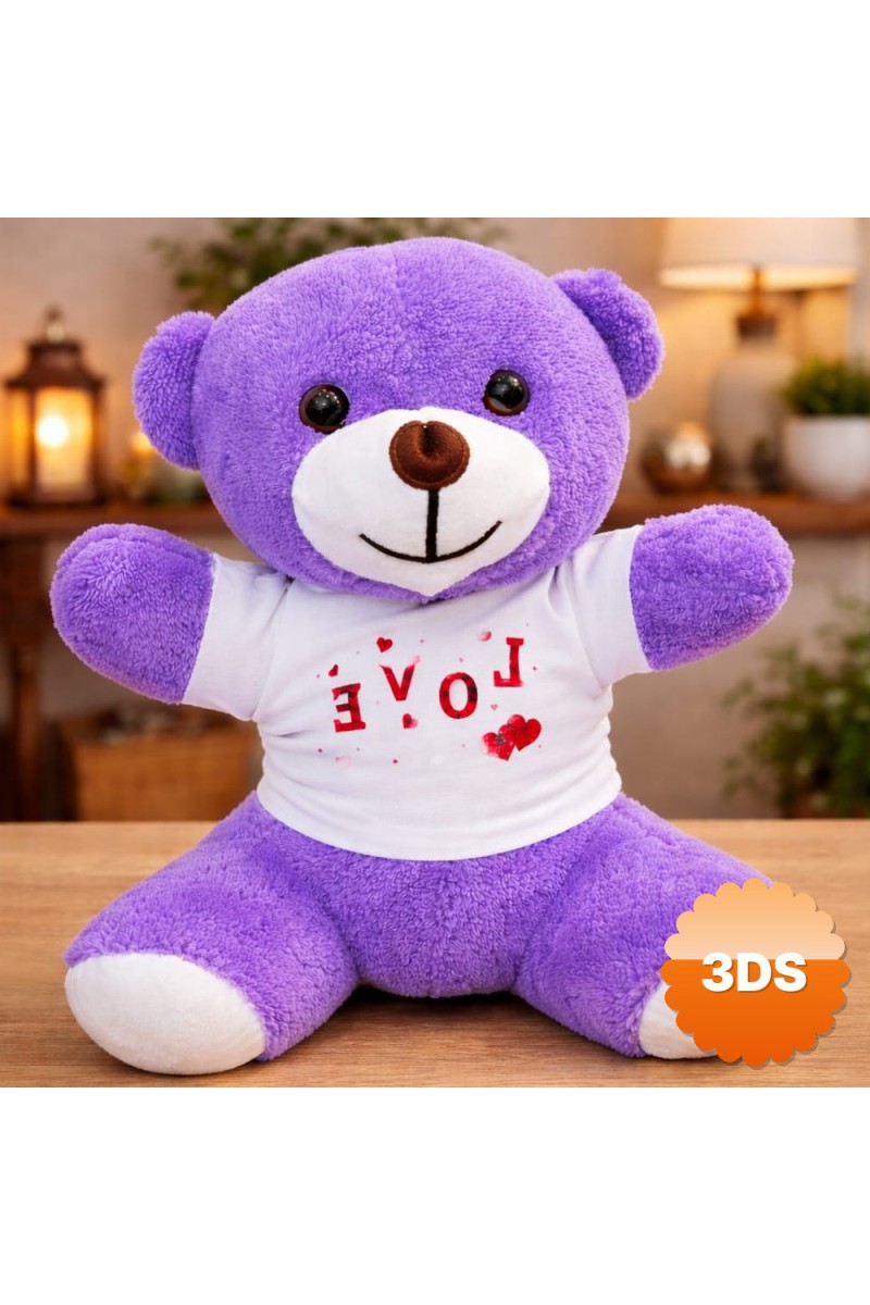 Love Baskılı Tişörtlü Peluş Mor Ayıcık 25 cm