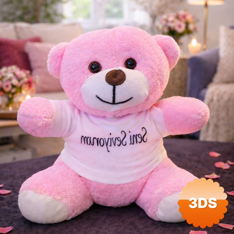 Seni Seviyorum Tişörtlü Pembe Peluş Ayıcık 25 cm