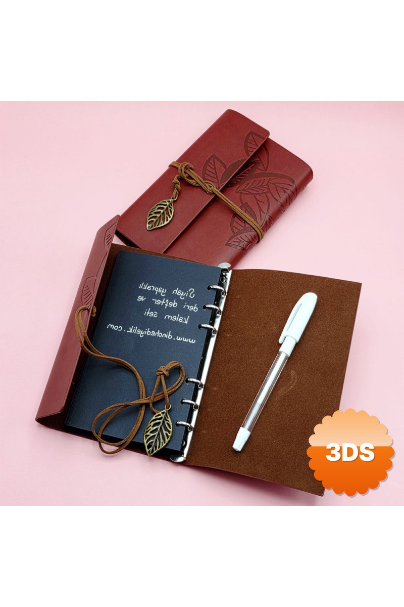 Kahverengi Deri Siyah Yapraklı Defter ve Beyaz Jel Kalem Seti