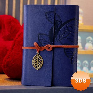 Lacivert Yaprak Desenli Deri Defter 18.5x12.5 cm 150 Sayfa