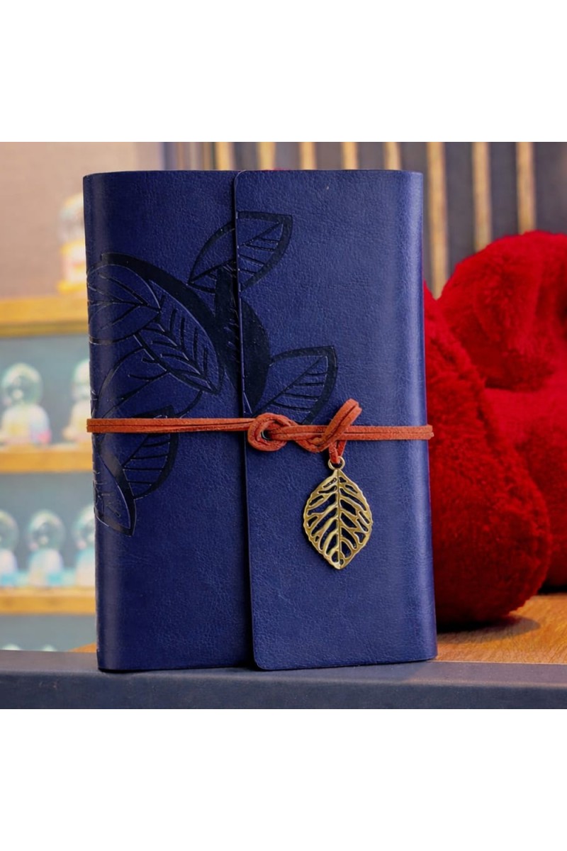 Lacivert Yaprak Desenli Deri Defter 18.5x12.5 cm 150 Sayfa