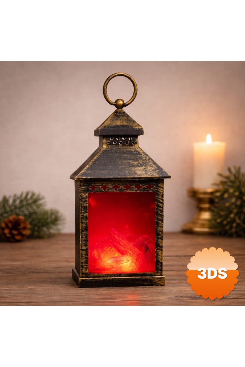 Vintage Tasarım Şömine LED Işık Ateş Efektli Fener 22x10 cm