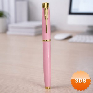Premium Pembe Metal Roller Kalem 13 cm Altın Sarısı Detaylı