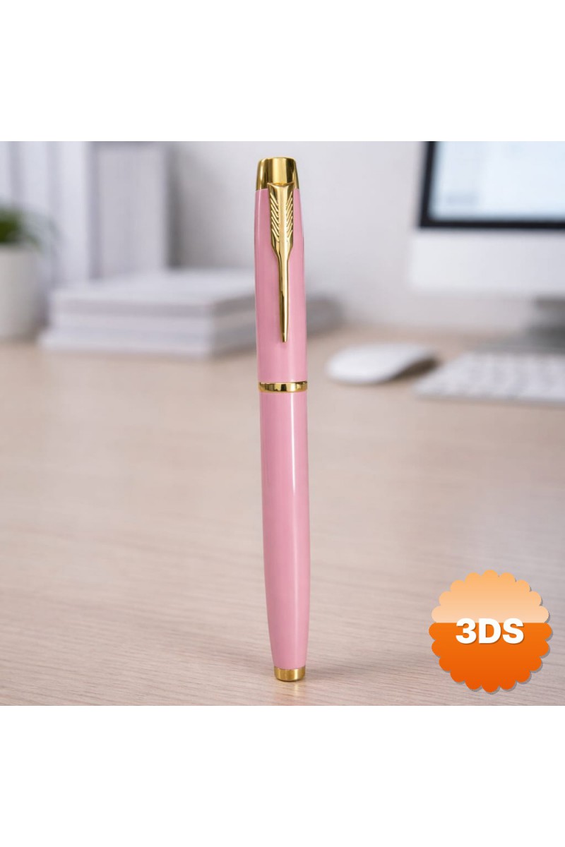 Premium Pembe Metal Roller Kalem 13 cm Altın Sarısı Detaylı