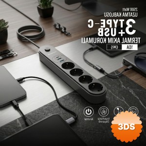 Termal Akım Korumalı 4 Prizli Type-C ve USB Girişli Uzatma Kablosu 2 Metre