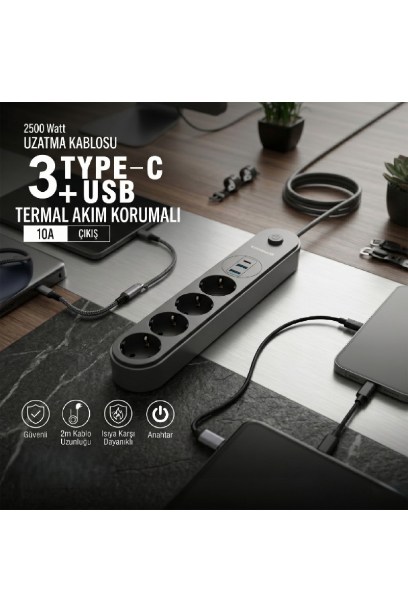 Termal Akım Korumalı 4 Prizli Type-C ve USB Girişli Uzatma Kablosu 2 Metre