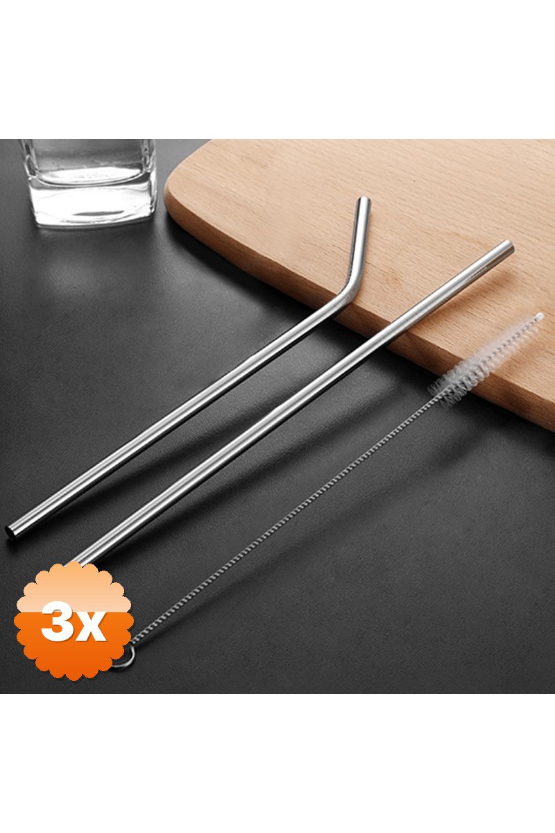 3 Adet Ekstra Uzun Paslanmaz Çelik Pipet Seti 3 Parça