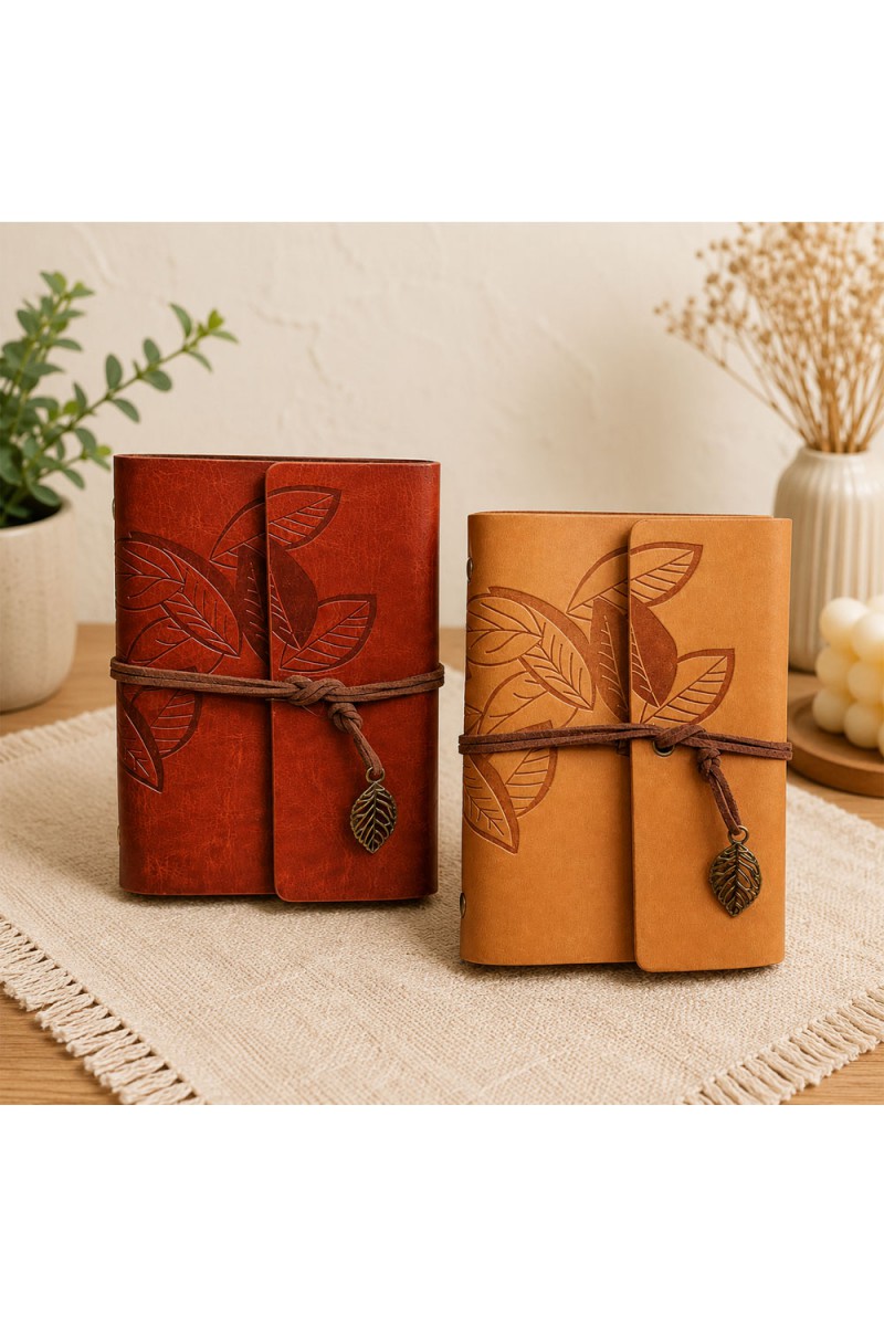 Yaprak Desenli Retro Deri Defter Vintage Ajanda 15x11 cm 176 Sayfa