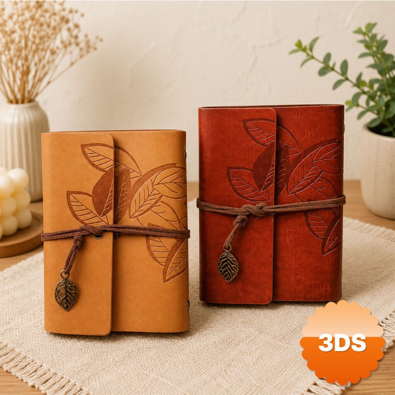 Yaprak Desenli Retro Deri Defter Vintage Ajanda 15x11 cm 176 Sayfa