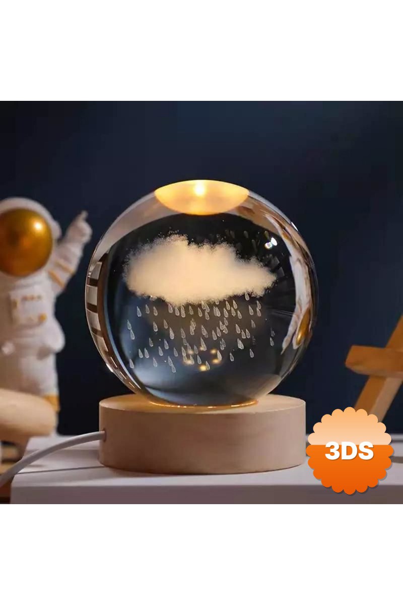 Işıklı Kristal Cam Küre Yağmur Bulutu Tasarımlı Ahşap Altlıklı USB Gece Lambası