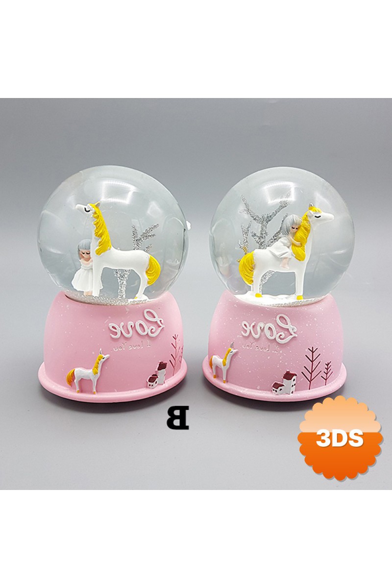 Mini Pembe Kar Küresi Sevimli Unicorn ve Kız Tasarımlı Işıklı