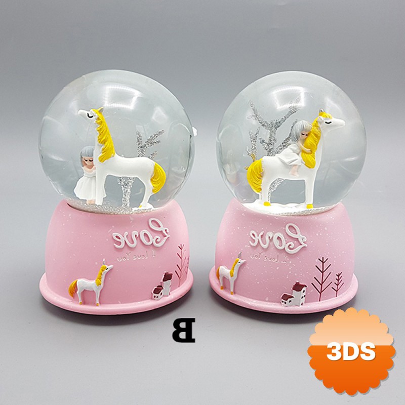 Mini Pembe Kar Küresi Sevimli Unicorn ve Kız Tasarımlı Işıklı