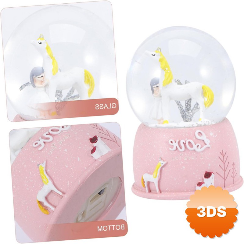 Mini Pembe Kar Küresi Sevimli Unicorn ve Kız Tasarımlı Işıklı