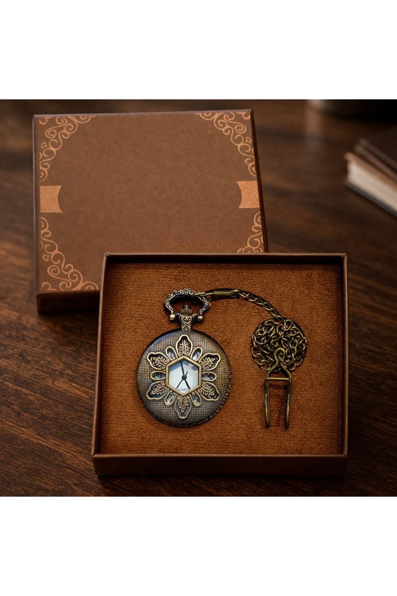 Geometrik Oymalı Tasarım Köstekli Zincirli Cep Saati Vintage Bronz