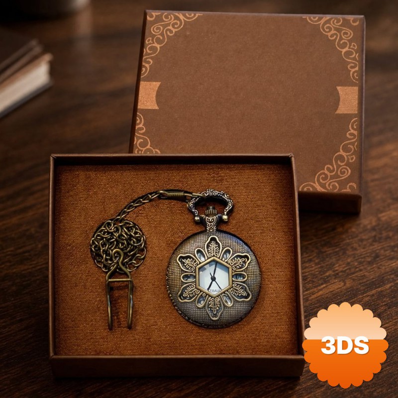 Geometrik Oymalı Tasarım Köstekli Zincirli Cep Saati Vintage Bronz
