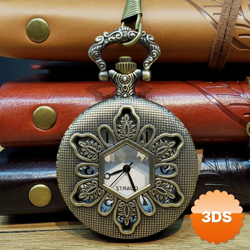 Geometrik Oymalı Tasarım Köstekli Zincirli Cep Saati Vintage Bronz