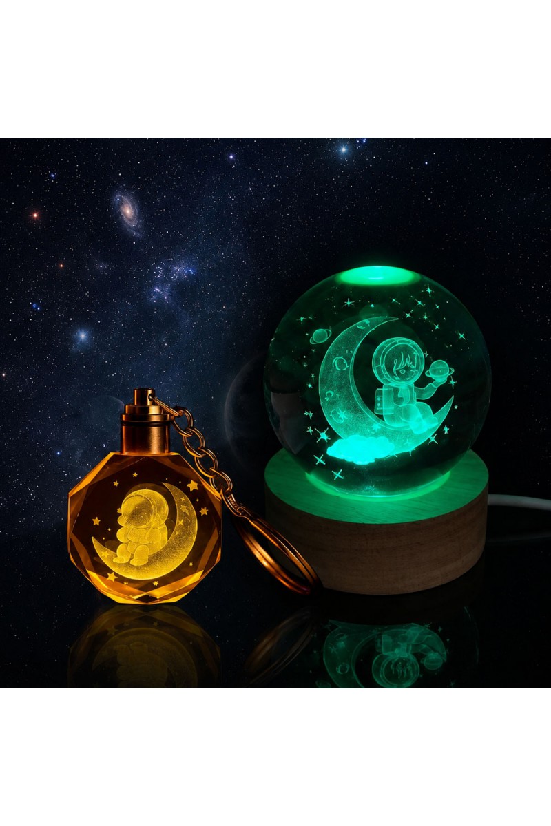Işıklı Renk Değiştiren Cam Küre Astronot Tasarımlı Anahtarlık Seti