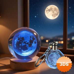 Dolunay Tasarımlı Işıklı Cam Küre ve Kristal Anahtarlık Seti