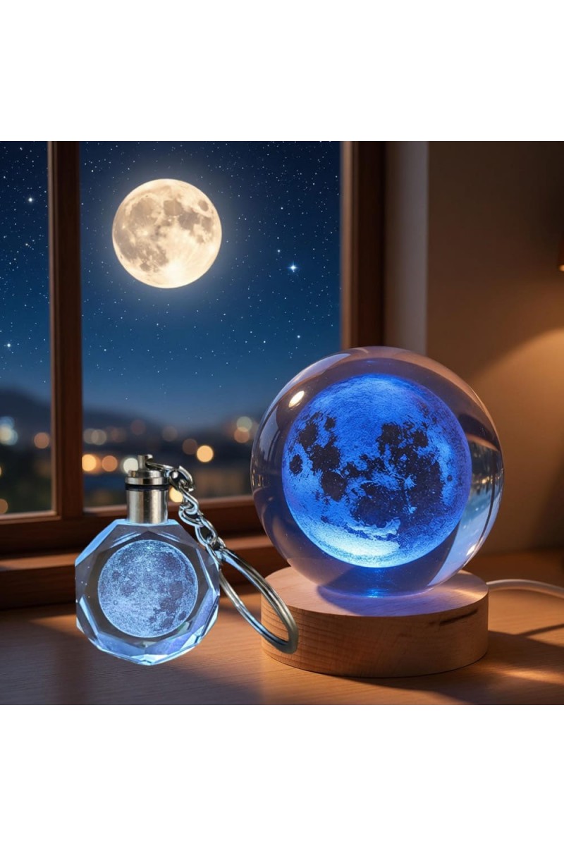 Dolunay Tasarımlı Işıklı Cam Küre ve Kristal Anahtarlık Seti