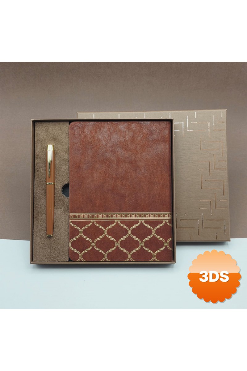Kutulu Deri Desenli Defter ve Metal Kalem Hediye Seti