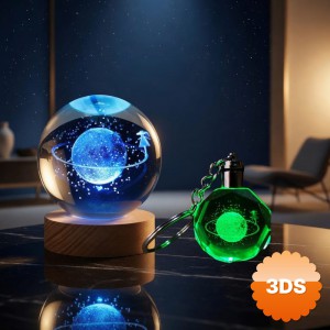 Işıklı Satürnlü Kız Cam Küre Renk Değiştiren Kristal Anahtarlık Seti