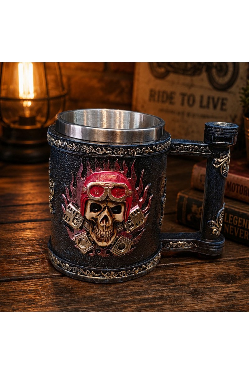 Kuru Kafa Motorcu Tasarımlı 3D Metal Kupa Bardak Çelik İç Yüzey