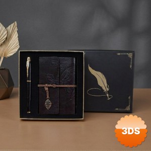 Kutulu Deri Defter ve Metal Roller Kalem Seti Yaprak Desenli Baskıya Uygun